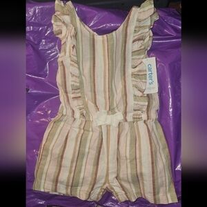 Carter Girls Olive/Pink Ruffel and Bow Romper Sz 24m